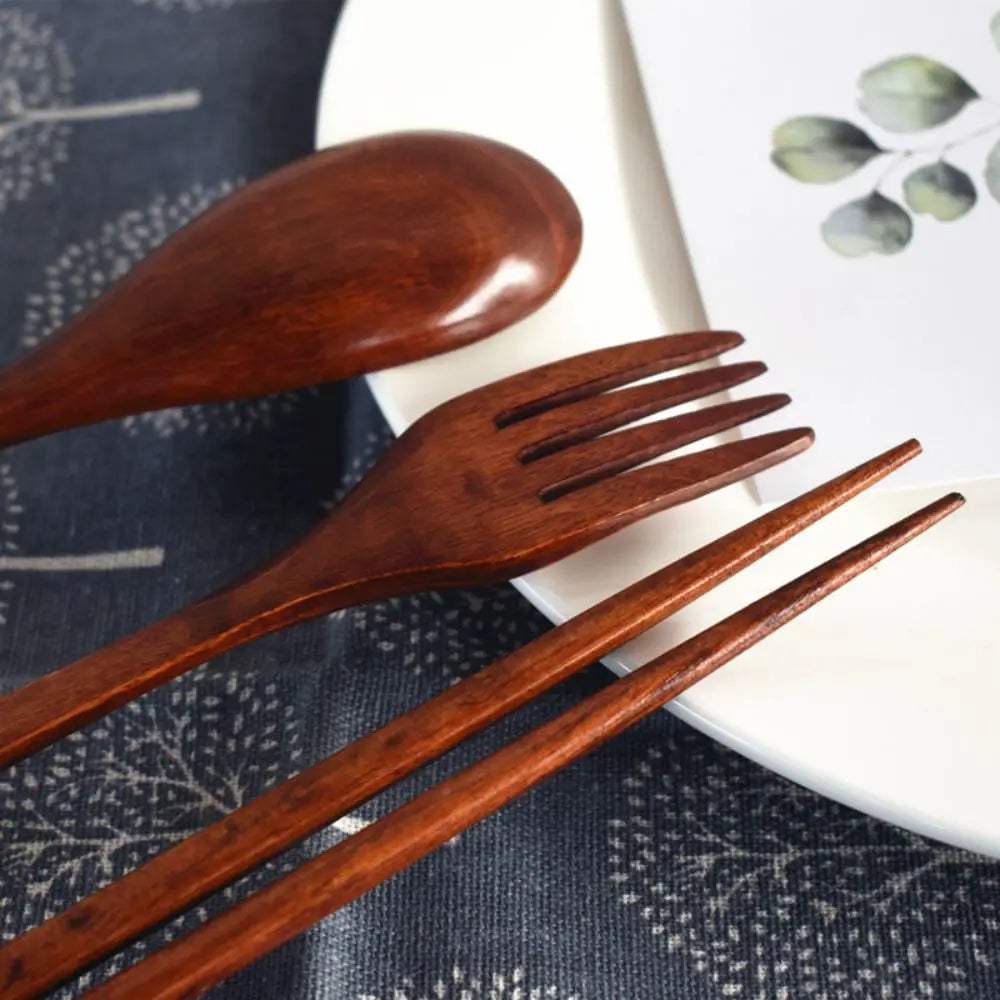 3pcs Creative Wooden Cutlery Spoon Fork Chopsticks Set Spoon Fork Portable Cutlery 3 Piece Combination Set