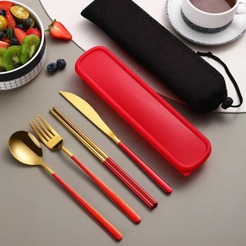 4pcs 304 Tableware Set Portable Cutlery Dinner Stainless Steel Knife Fork Spoon Chopsticks Travel Flatware With Box For New Year