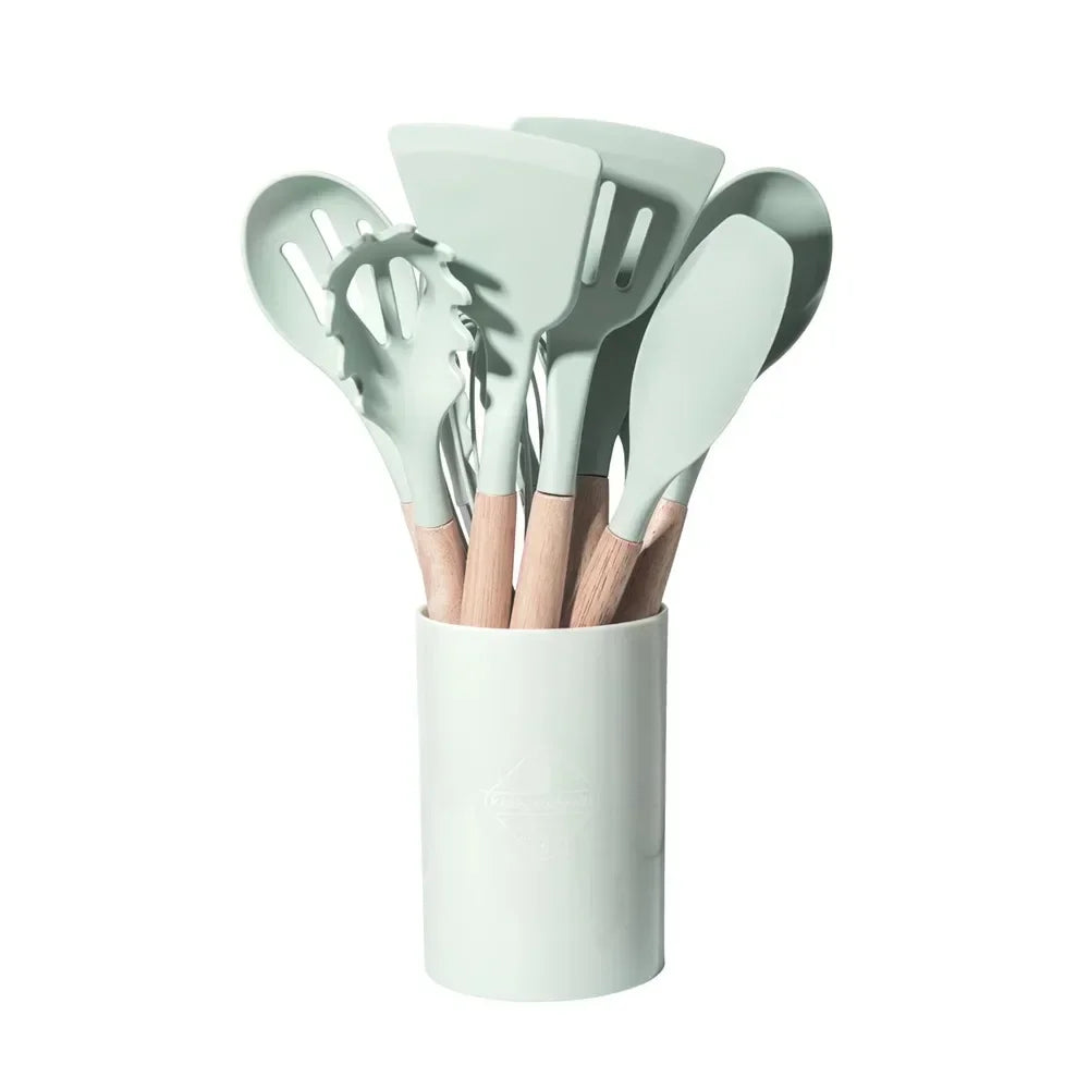 12PCS Silicone Kitchenware Non-Stick Cookware Kitchen Utensils Set Spatula Shovel Egg Beaters Wooden Handle Cooking Tool Set
