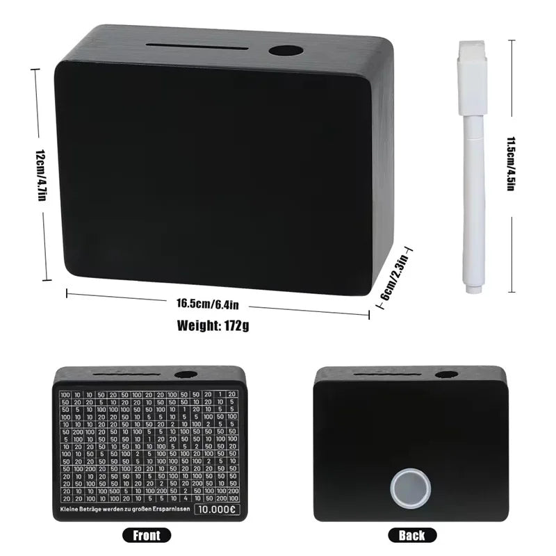 Black Wooden Piggy Bank with Counter, Save Money Box, Coin Bank with Paper Saving Goals and Numbers for Saving Euros