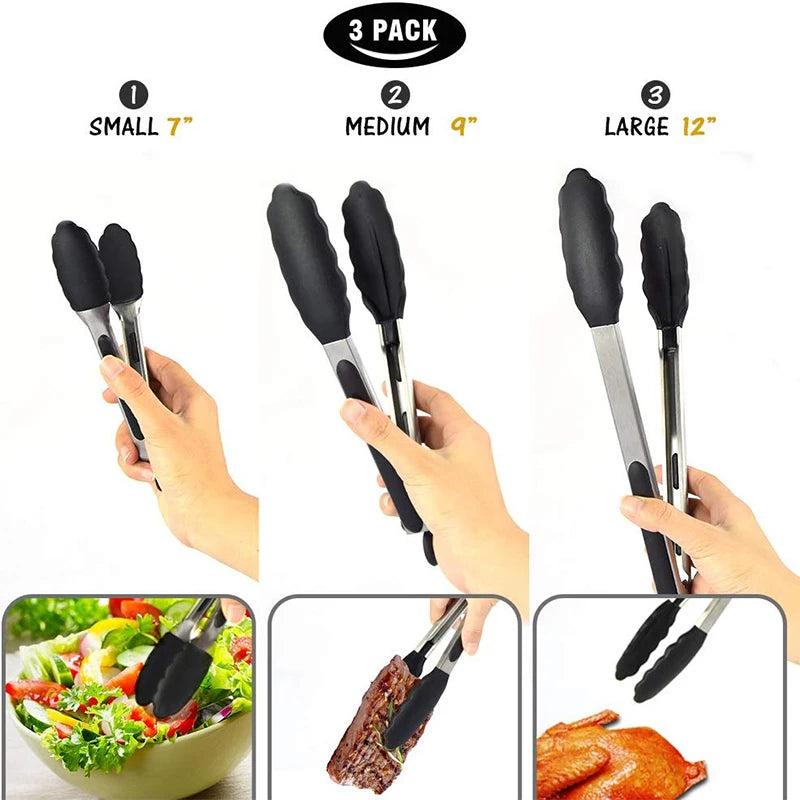 7/9/12inch Silicone Kitchen BBQ Tongs Stainless Steel Locking Cooking Tongs with Silicone Tips Non-Slip Food Tongs for Cooking