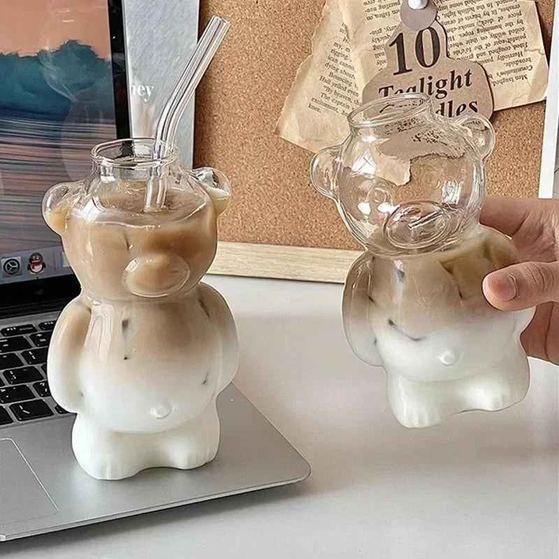 320ML Creative Cute Bear Coffee Mug  with Straw Transparent Cup Beer Milk Coffee Water Cups Wholesale Glass Drinkware Mug Set