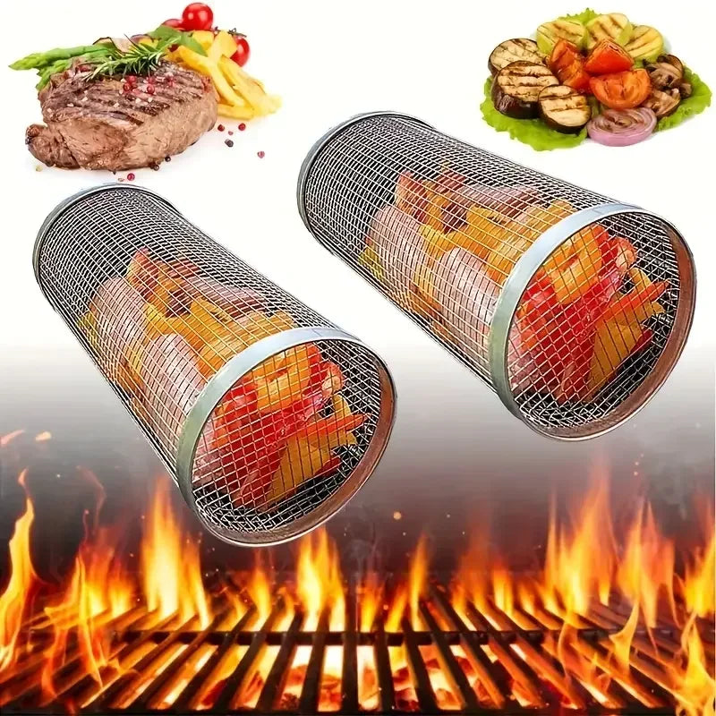 Barbecue Cages Barbecue Grill Grate Set BBQ Rolling Grilling Basket Round BBQ Campfire Grill Grid Rolling Grill Basket