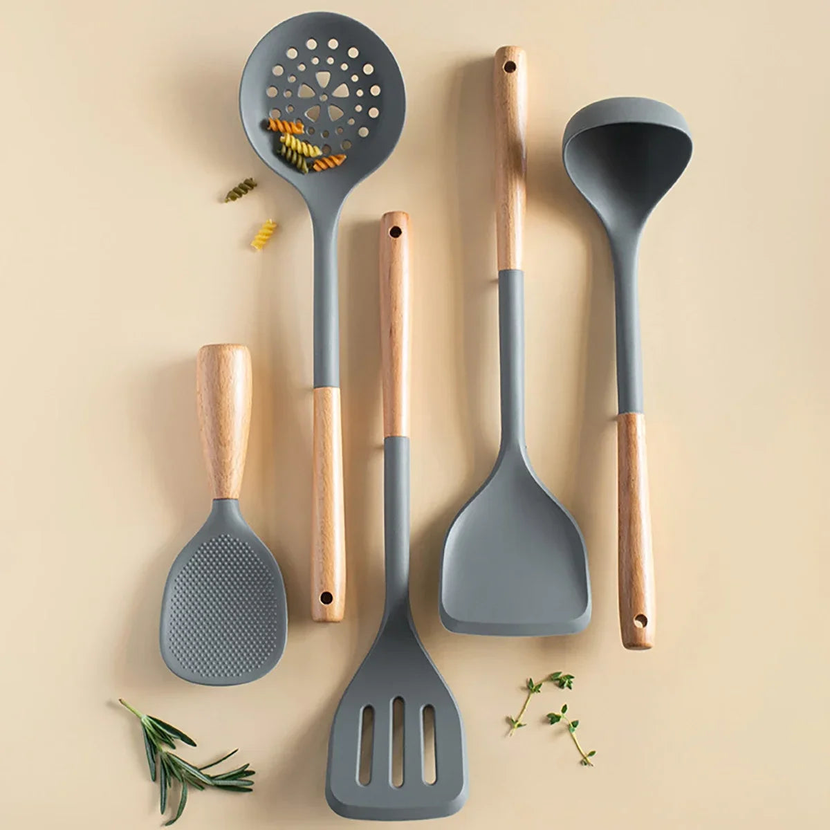 Silicone Kitchen Utensils Set Wooden Handle Non-stick Spatula Cookware Set Fried Shovel Leaky Spoon Rice Spoon Kitchen Tool Sets