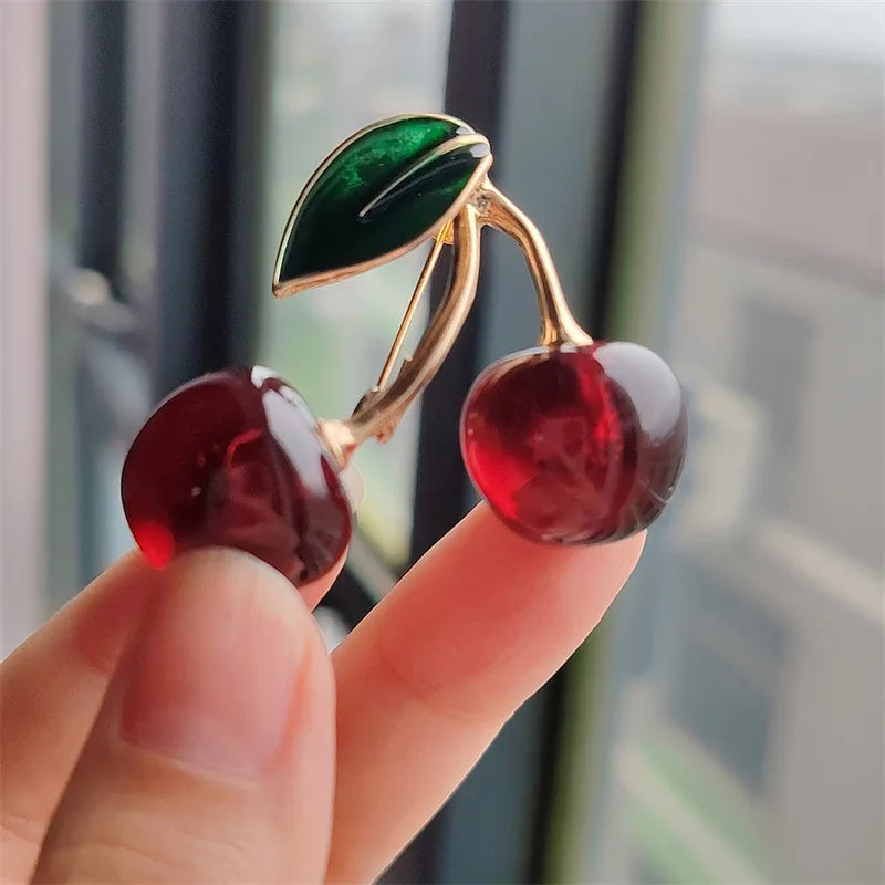 Fashion Crystal Red Cherry Brooches For Women Clothing Cute Alloy Crystal Fruit Enamel Pins Party Jewelry Gifts