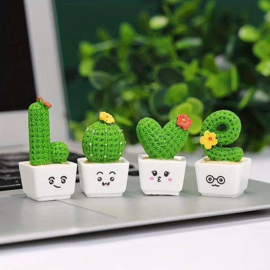 Charming 4-Piece Love & Cactus Resin Figurines - Perfect For Living Room Bedroom And Cafe Tabletop Deco