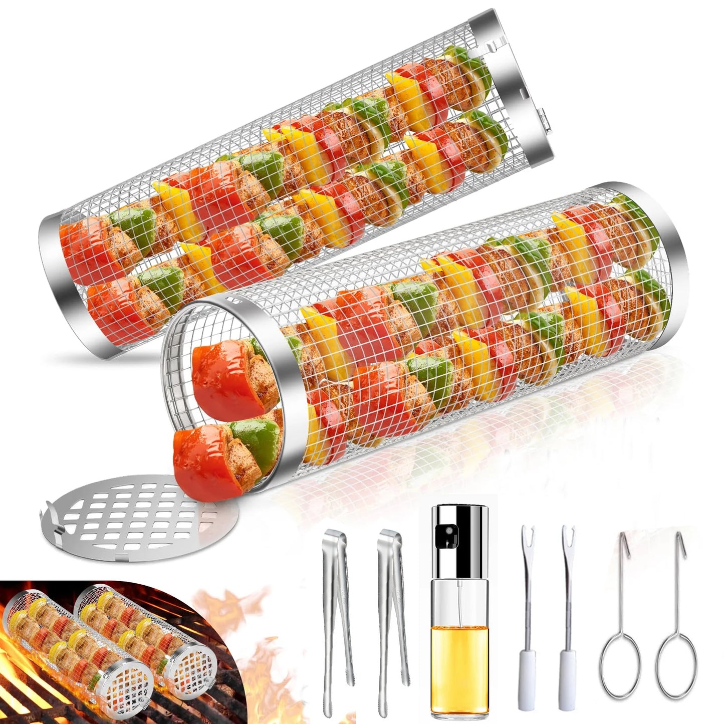 Barbecue Cages Barbecue Grill Grate Set BBQ Rolling Grilling Basket Round BBQ Campfire Grill Grid Rolling Grill Basket