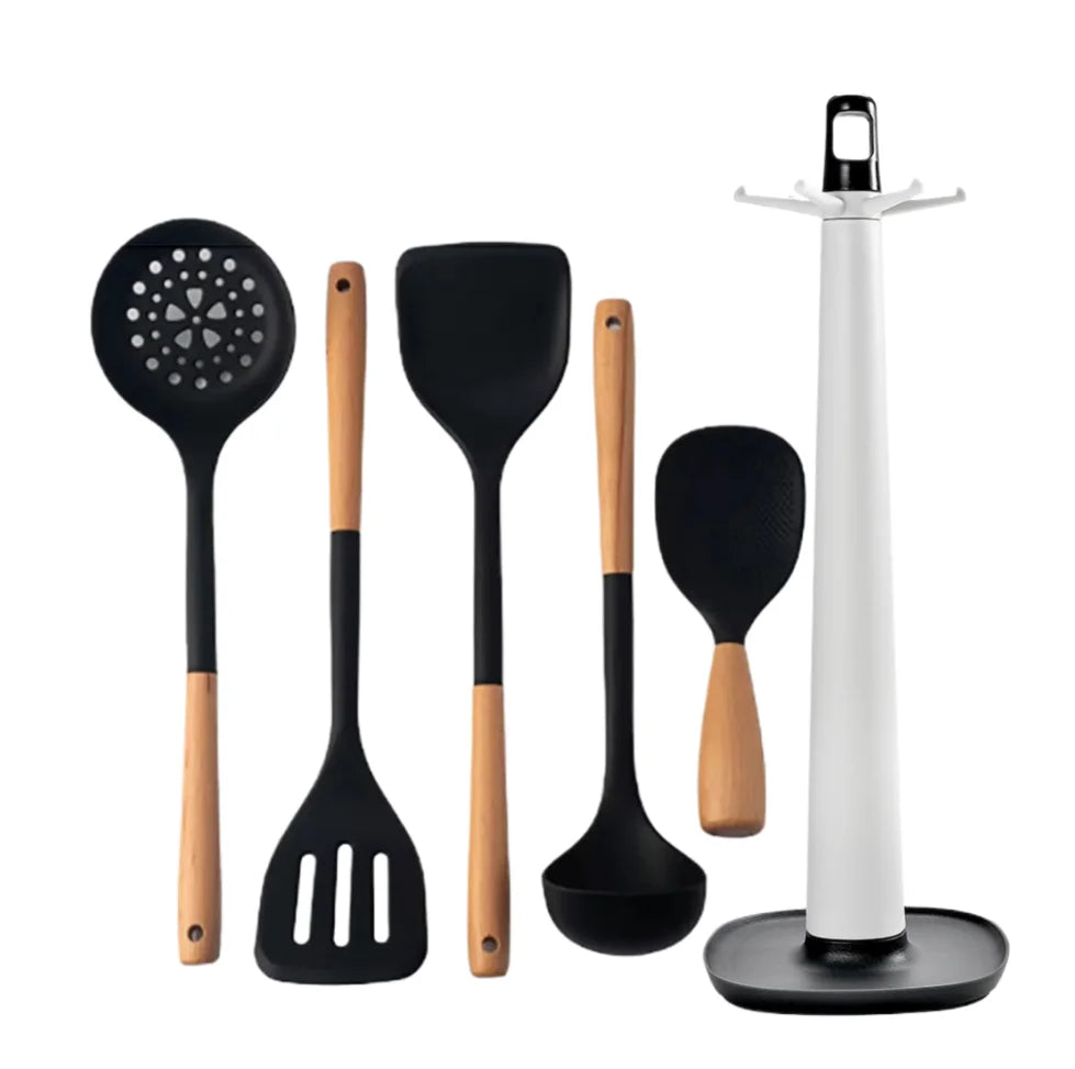 Silicone Kitchen Utensils Set Wooden Handle Non-stick Spatula Cookware Set Fried Shovel Leaky Spoon Rice Spoon Kitchen Tool Sets