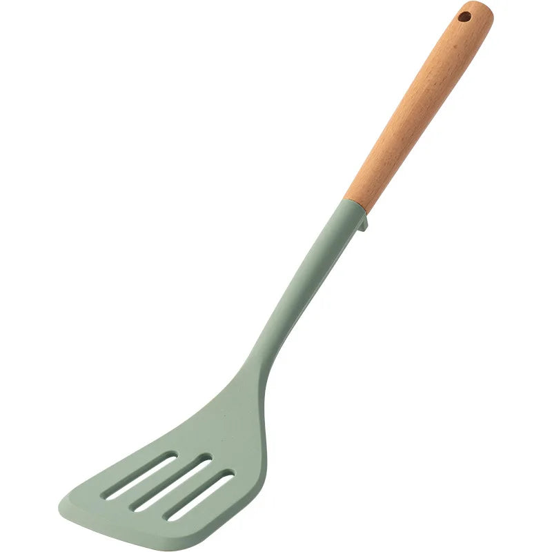 Silicone Kitchen Utensils Set Wooden Handle Non-stick Spatula Cookware Set Fried Shovel Leaky Spoon Rice Spoon Kitchen Tool Sets