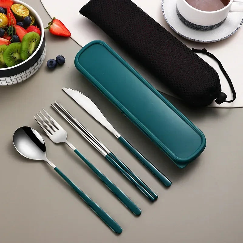 4pcs 304 Tableware Set Portable Cutlery Dinner Stainless Steel Knife Fork Spoon Chopsticks Travel Flatware With Box For New Year