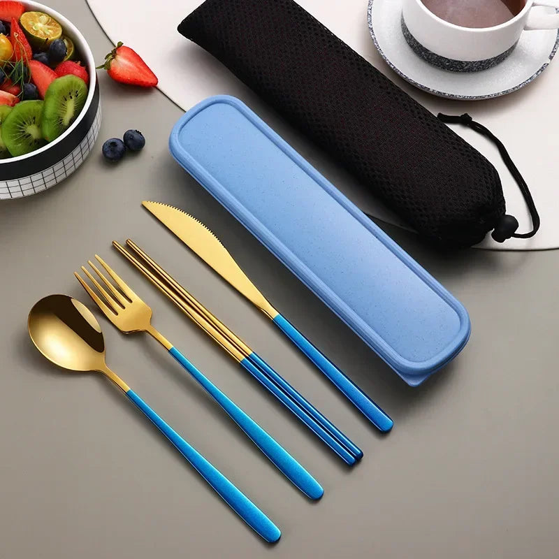 4pcs 304 Tableware Set Portable Cutlery Dinner Stainless Steel Knife Fork Spoon Chopsticks Travel Flatware With Box For New Year