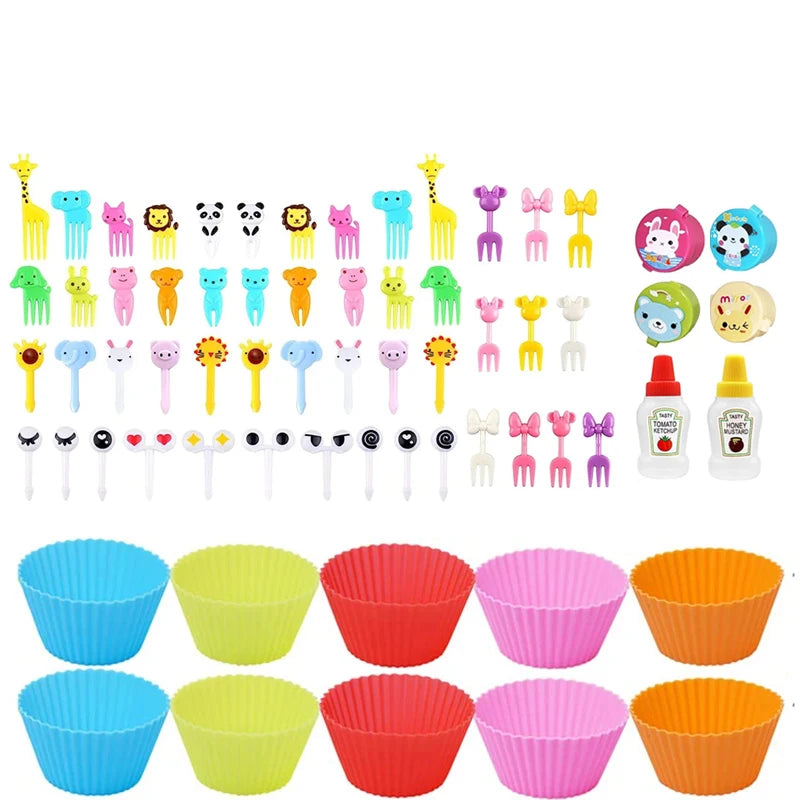 Mini Fruit Forks For Children Kids Cute Animal Snack Food Picks Toothpicks Bento-Box Accessories Set Silicone Lunch Box Dividers