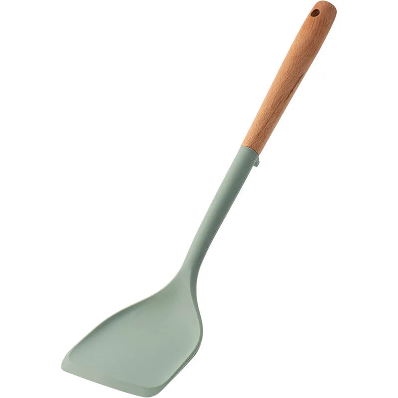 Silicone Kitchen Utensils Set Wooden Handle Non-stick Spatula Cookware Set Fried Shovel Leaky Spoon Rice Spoon Kitchen Tool Sets