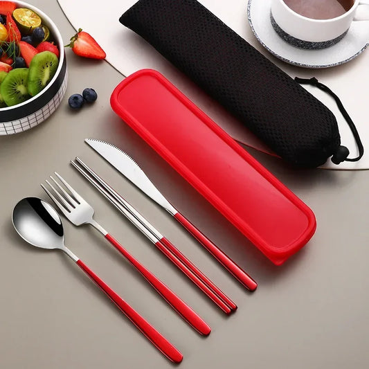 4pcs 304 Tableware Set Portable Cutlery Dinner Stainless Steel Knife Fork Spoon Chopsticks Travel Flatware With Box For New Year