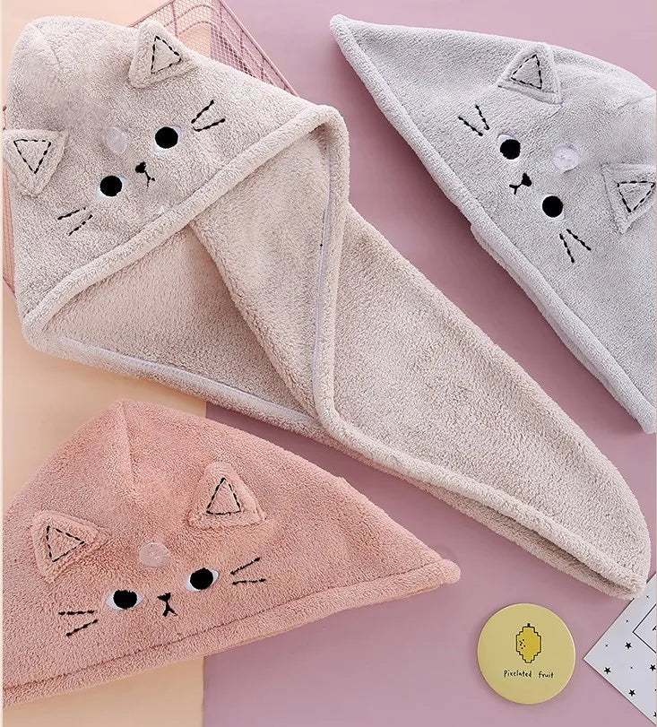 Cute Soft Microfiber Towels Shower Cap Towel Bath Hats Dry Hair Cap Quick Drying Cat Hat for Women Lady Turban Head Girl Towel