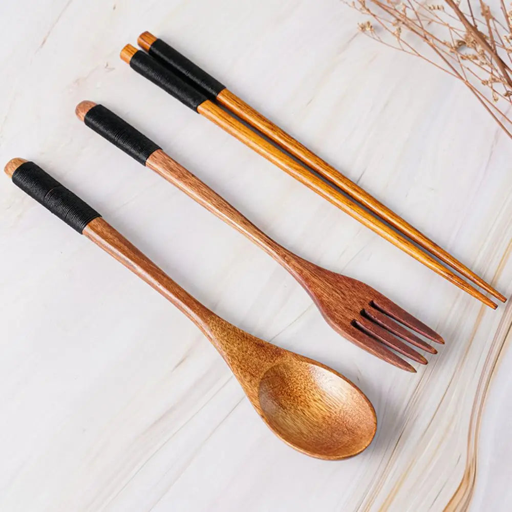 3pcs Creative Wooden Cutlery Spoon Fork Chopsticks Set Spoon Fork Portable Cutlery 3 Piece Combination Set
