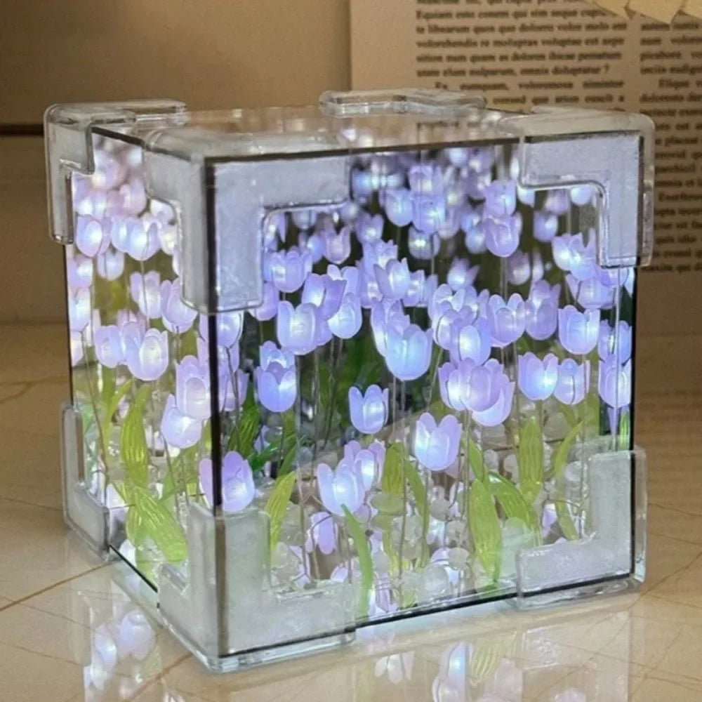 DIY Tulip Mirror Cube Lamp Simulation Flower Bedroom Sleeping Table Lamp Handmade Craft Tulips Mirror Night Light Birthday Gift