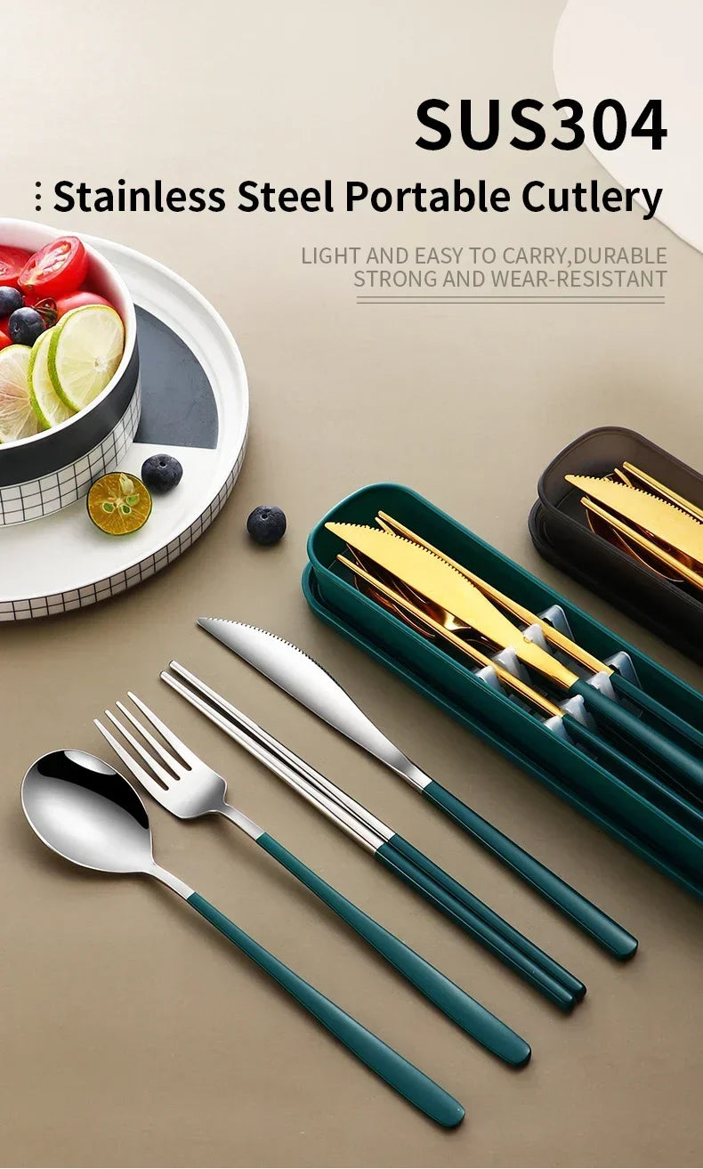 4pcs 304 Tableware Set Portable Cutlery Dinner Stainless Steel Knife Fork Spoon Chopsticks Travel Flatware With Box For New Year