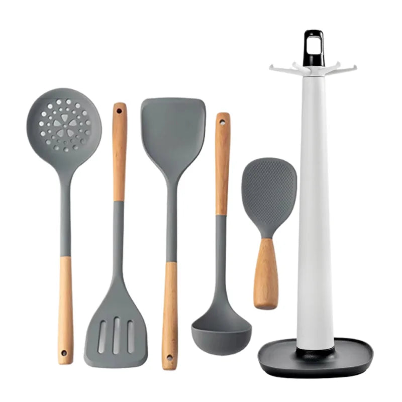 Silicone Kitchen Utensils Set Wooden Handle Non-stick Spatula Cookware Set Fried Shovel Leaky Spoon Rice Spoon Kitchen Tool Sets