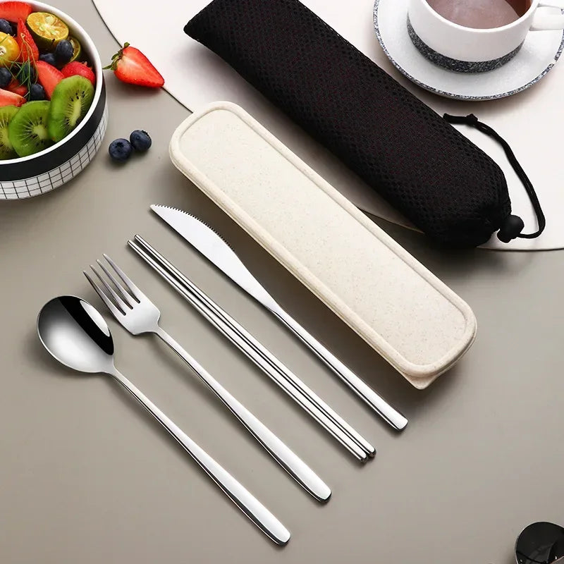 4pcs 304 Tableware Set Portable Cutlery Dinner Stainless Steel Knife Fork Spoon Chopsticks Travel Flatware With Box For New Year