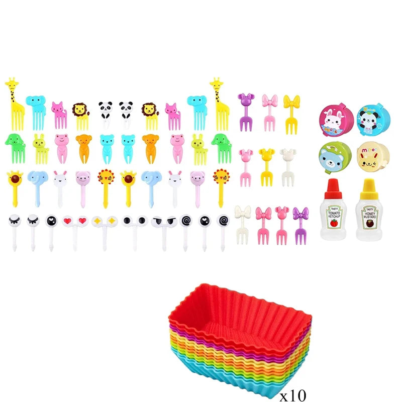 Mini Fruit Forks For Children Kids Cute Animal Snack Food Picks Toothpicks Bento-Box Accessories Set Silicone Lunch Box Dividers