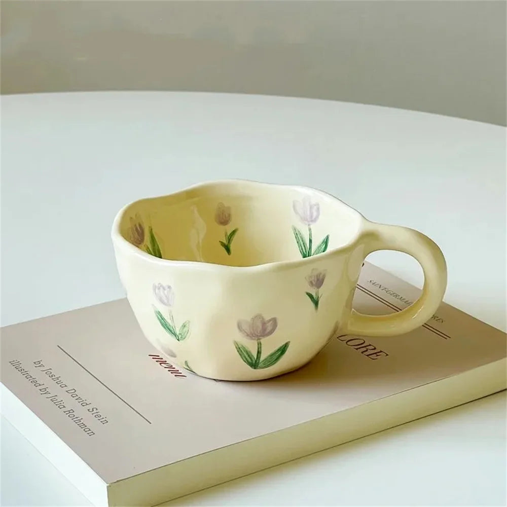 Ceramic Mugs Coffee Cups Hand Pinched Irregular Flower Milk Tea Cup ins korean style Oatmeal Breakfast Mug Drinkware Kitchen