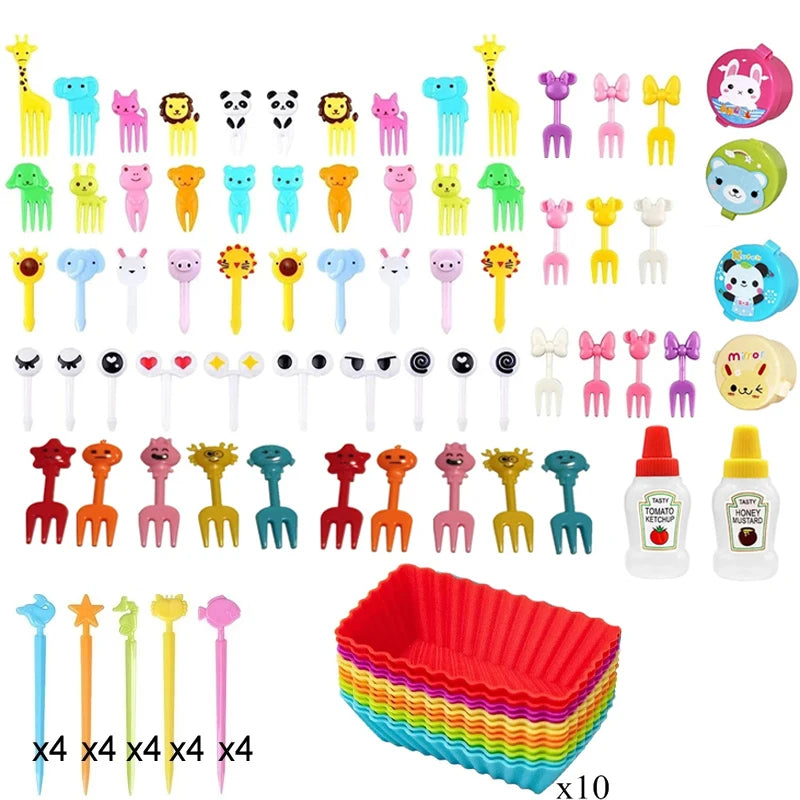 Mini Fruit Forks For Children Kids Cute Animal Snack Food Picks Toothpicks Bento-Box Accessories Set Silicone Lunch Box Dividers