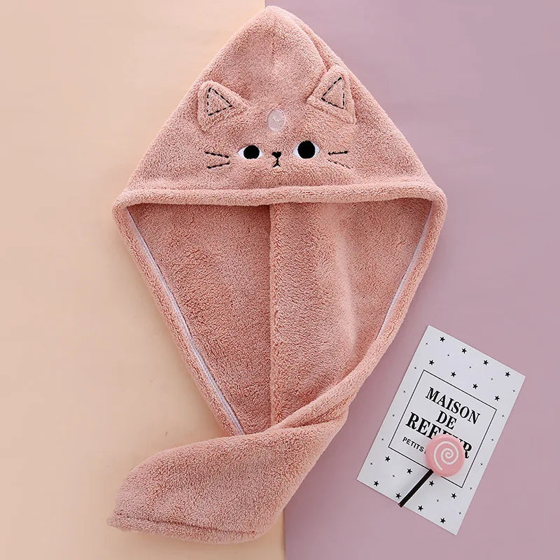 Cute Soft Microfiber Towels Shower Cap Towel Bath Hats Dry Hair Cap Quick Drying Cat Hat for Women Lady Turban Head Girl Towel