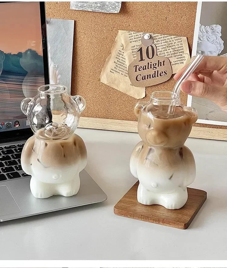 320ML Creative Cute Bear Coffee Mug  with Straw Transparent Cup Beer Milk Coffee Water Cups Wholesale Glass Drinkware Mug Set