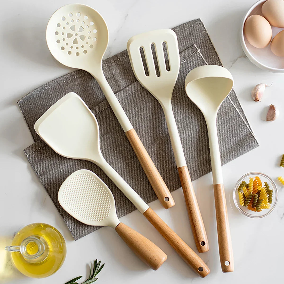 Silicone Kitchen Utensils Set Wooden Handle Non-stick Spatula Cookware Set Fried Shovel Leaky Spoon Rice Spoon Kitchen Tool Sets