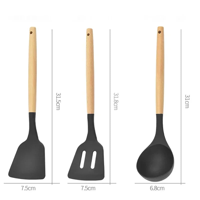 12PCS Silicone Kitchenware Non-Stick Cookware Kitchen Utensils Set Spatula Shovel Egg Beaters Wooden Handle Cooking Tool Set