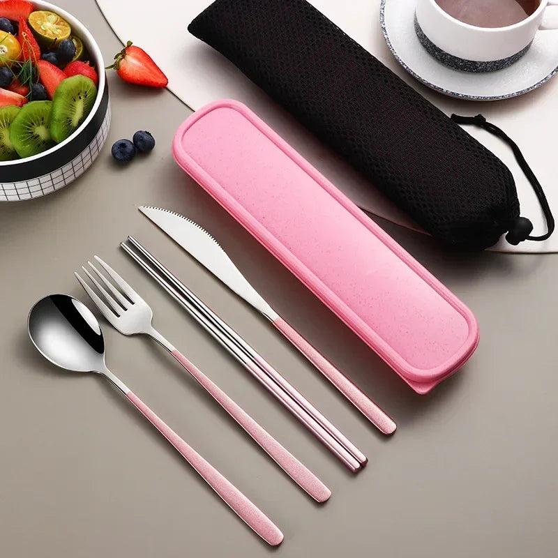 4pcs 304 Tableware Set Portable Cutlery Dinner Stainless Steel Knife Fork Spoon Chopsticks Travel Flatware With Box For New Year