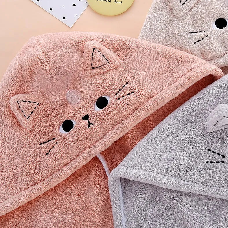 Cute Soft Microfiber Towels Shower Cap Towel Bath Hats Dry Hair Cap Quick Drying Cat Hat for Women Lady Turban Head Girl Towel