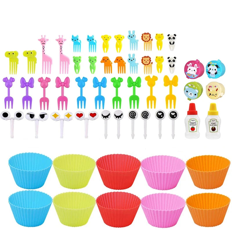 Mini Fruit Forks For Children Kids Cute Animal Snack Food Picks Toothpicks Bento-Box Accessories Set Silicone Lunch Box Dividers