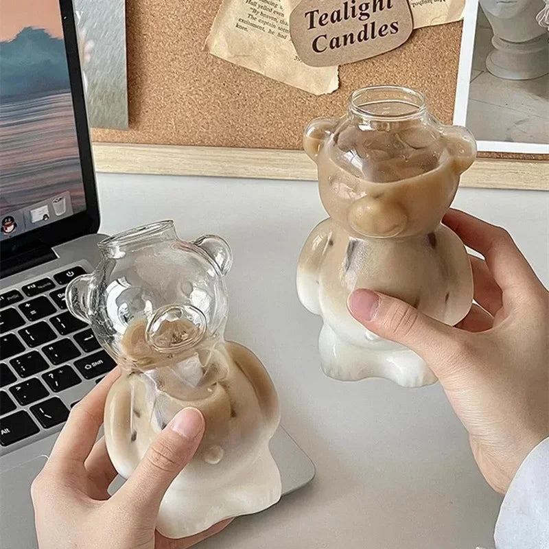 320ML Creative Cute Bear Coffee Mug  with Straw Transparent Cup Beer Milk Coffee Water Cups Wholesale Glass Drinkware Mug Set