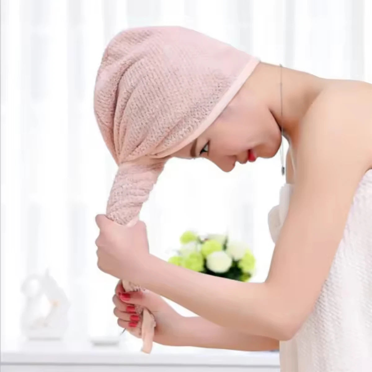 Women's dry hair towels are household items used for wiping hair, including thick and highly absorbent headscarves, quick drying