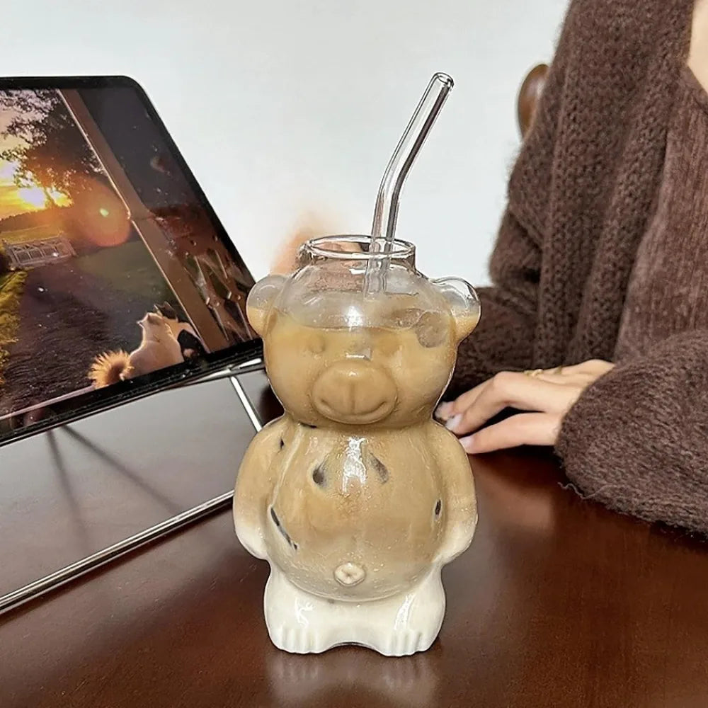 320ML Creative Cute Bear Coffee Mug  with Straw Transparent Cup Beer Milk Coffee Water Cups Wholesale Glass Drinkware Mug Set