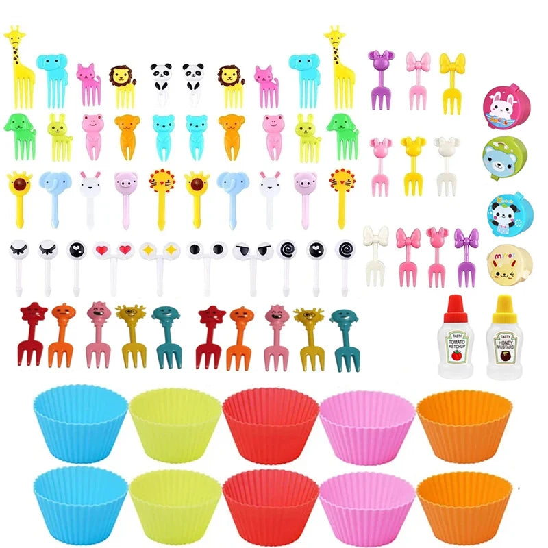 Mini Fruit Forks For Children Kids Cute Animal Snack Food Picks Toothpicks Bento-Box Accessories Set Silicone Lunch Box Dividers