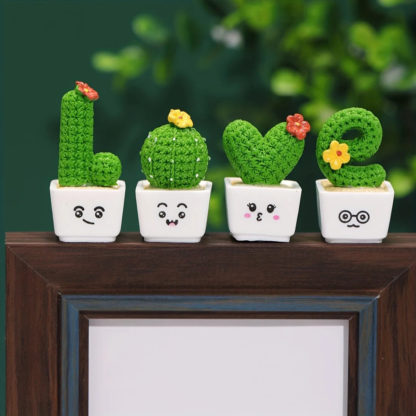 Charming 4-Piece Love & Cactus Resin Figurines - Perfect For Living Room Bedroom And Cafe Tabletop Deco