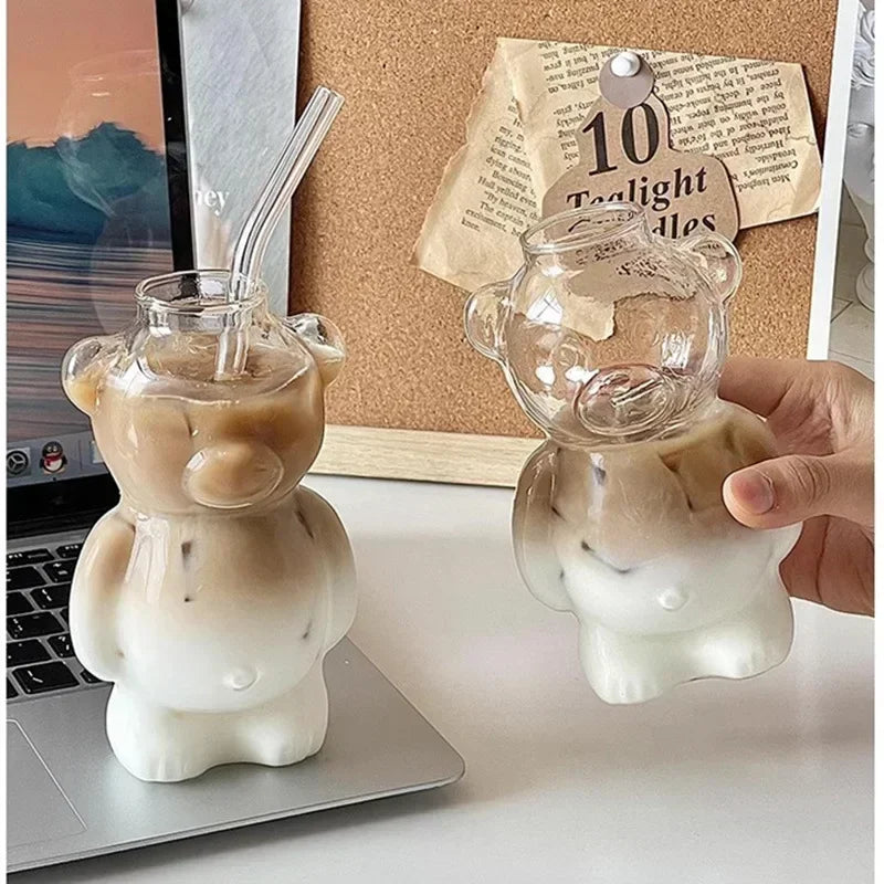 320ML Creative Cute Bear Coffee Mug  with Straw Transparent Cup Beer Milk Coffee Water Cups Wholesale Glass Drinkware Mug Set