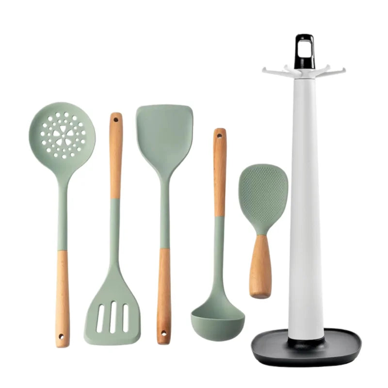 Silicone Kitchen Utensils Set Wooden Handle Non-stick Spatula Cookware Set Fried Shovel Leaky Spoon Rice Spoon Kitchen Tool Sets