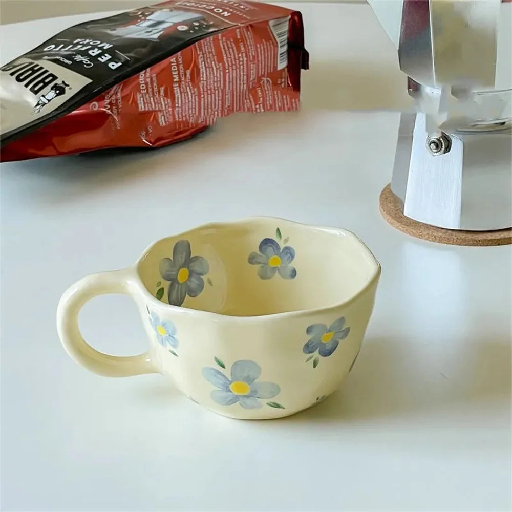 Ceramic Mugs Coffee Cups Hand Pinched Irregular Flower Milk Tea Cup ins korean style Oatmeal Breakfast Mug Drinkware Kitchen