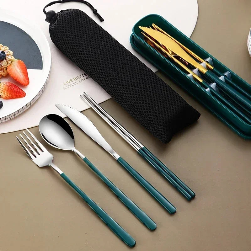 4pcs 304 Tableware Set Portable Cutlery Dinner Stainless Steel Knife Fork Spoon Chopsticks Travel Flatware With Box For New Year