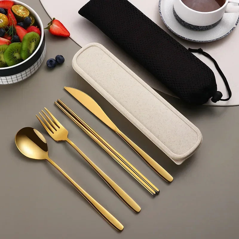 4pcs 304 Tableware Set Portable Cutlery Dinner Stainless Steel Knife Fork Spoon Chopsticks Travel Flatware With Box For New Year