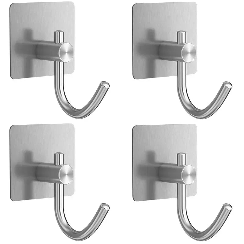 4Pcs Stainless Steel Bathroom Robe Hooks Adhesive Wall Hook Towel Holder Bathroom Kitchen Hardware Multi-Purpose Hanger Hook