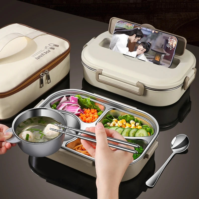 304 Stainless Steel Insulated Lunch Box Office Workers Sealed Portable Lunch Box with Bag Students Kids Commercial Bento Box Set