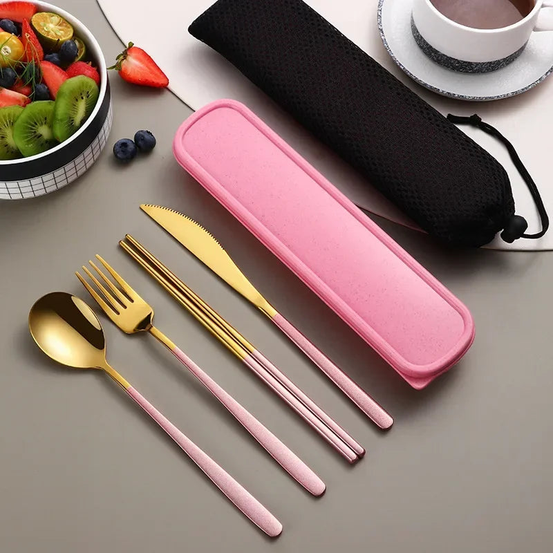 4pcs 304 Tableware Set Portable Cutlery Dinner Stainless Steel Knife Fork Spoon Chopsticks Travel Flatware With Box For New Year