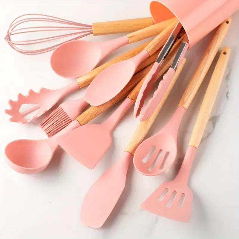 12pcs Set of Multi-color Silicone Wooden Handle Kitchenware Set Non Stick Pot Spatula and Spoon Cooking Utensils, Heat-resistant