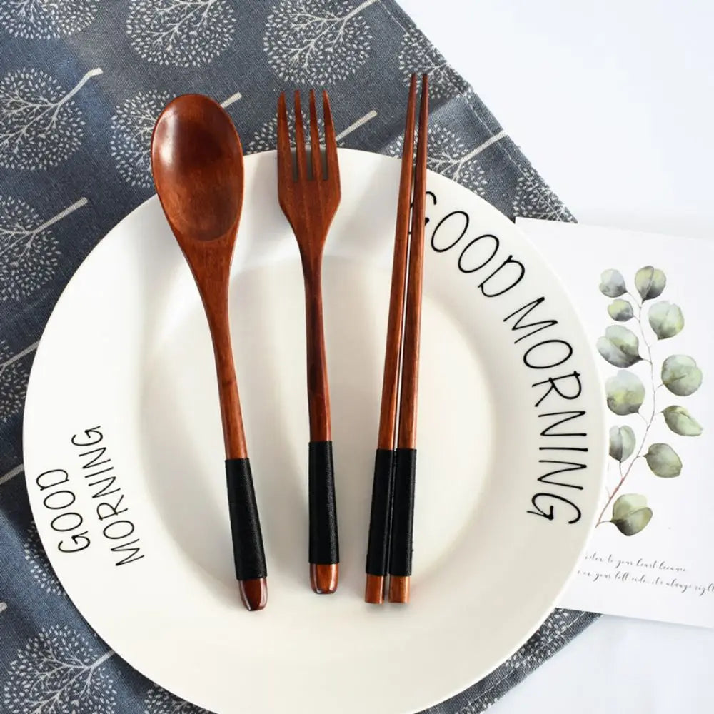 3pcs Creative Wooden Cutlery Spoon Fork Chopsticks Set Spoon Fork Portable Cutlery 3 Piece Combination Set