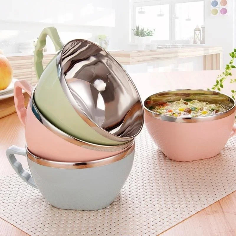 Stainless Steel Bowl with Handle Solid Color Anti Scalding Instant Noodles  Mixing Bowl Kitchen Tableware Food  Accessory